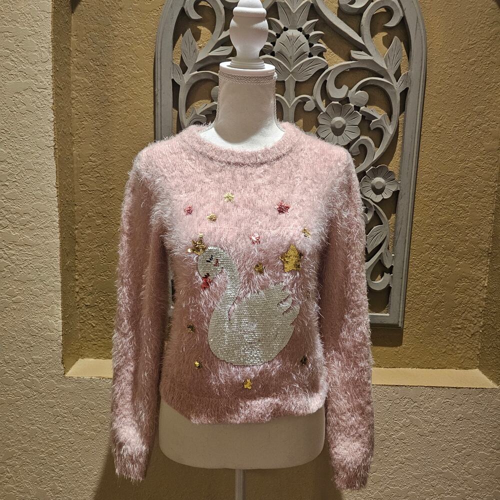 Wonder Nation Youth XL Swan Sweater Pink Fuzzy Graphic Soft Cozy Tween Cute - Picture 3 of 7